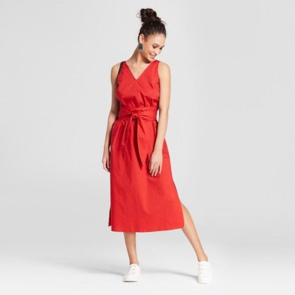 Mossimo Supply Co. Dresses & Skirts - NEW Red Poplin V-Neck Tie-Waist Midi Dress [D2]